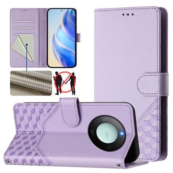 Custodia per telefono in pelle con stampa a nido d'ape RFID per Honor X9c Smart 5G (viola chiaro)