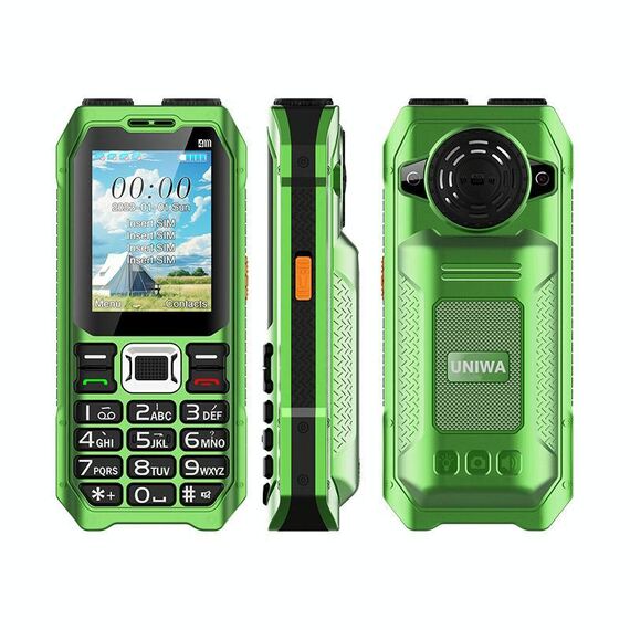 UNIWA M6000 Telefono con tastiera e altoparlante grande, 2,4 pollici, doppia torcia, 21 tasti, SOS, FM, 4 SIM, GSM, spina: spina USA (verde)