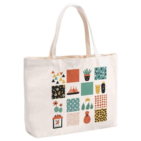Borsa a mano in tela stampata a griglia, stampa su richiesta, dimensioni: 30x40x10 cm (beige)