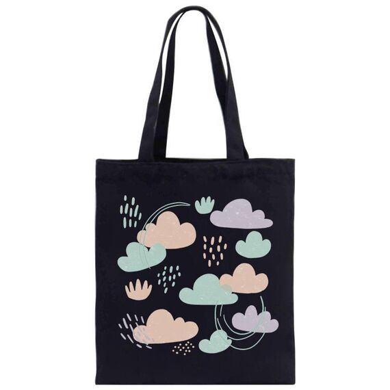 Borsa in tela stampata con nuvole, stampa su richiesta, dimensioni: 35x30 cm (nero)
