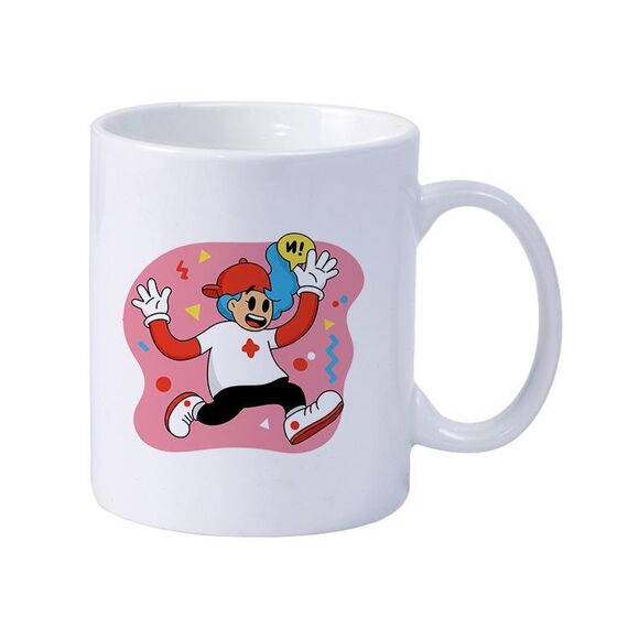 Tazza da latte in ceramica bianca semplice stampata con ragazzo che corre, tazza da acqua stampata su richiesta