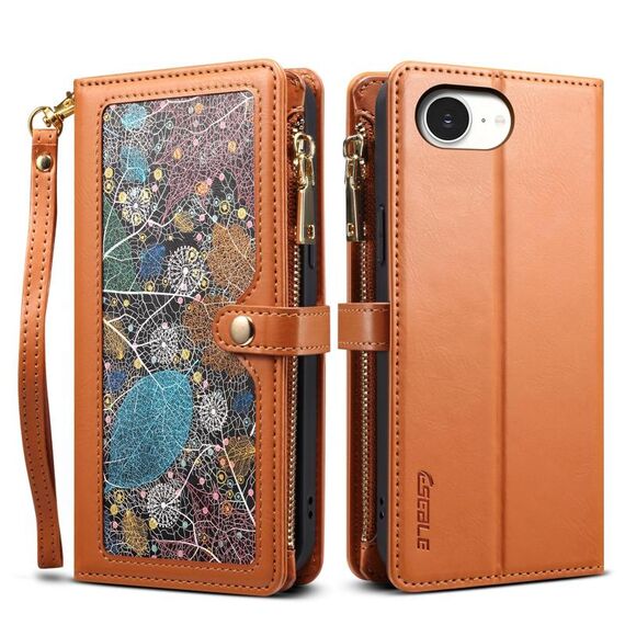 Per iPhone 16e ESEBLE Star Series Portafoglio con cerniera e cordino RFID in pelle (marrone)