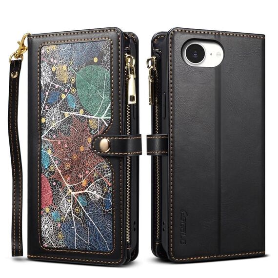 Per iPhone 16e ESEBLE Star Series Portafoglio con cerniera e cordino RFID in pelle (nero)