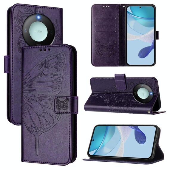 Custodia per telefono in pelle con motivo a farfalla in rilievo per Honor X9C Smart Global (viola scuro)