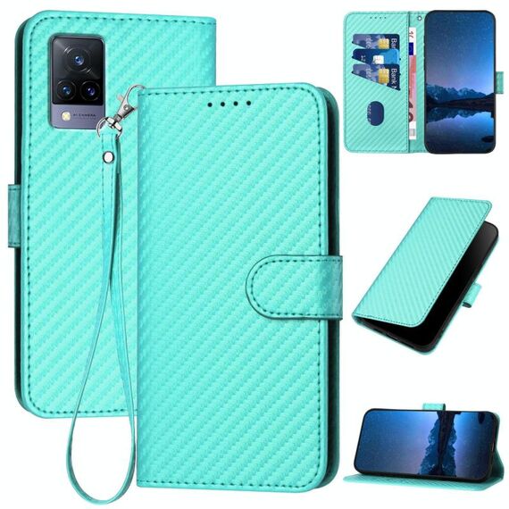 Per vivo V21 4G / 5G / V21s YX0070 Custodia in pelle con fibbia in fibra di carbonio e cordino (azzurro chiaro)