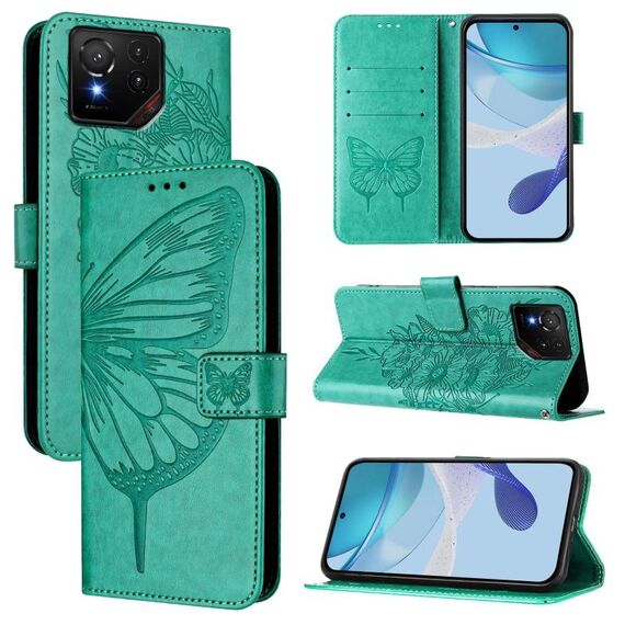 Per Asus ROG Phone 9 / 9 Pro Custodia in pelle con motivo a farfalla in rilievo (verde)