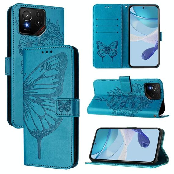 Per Asus ROG Phone 9 / 9 Pro Custodia in pelle con motivo a farfalla in rilievo (blu)