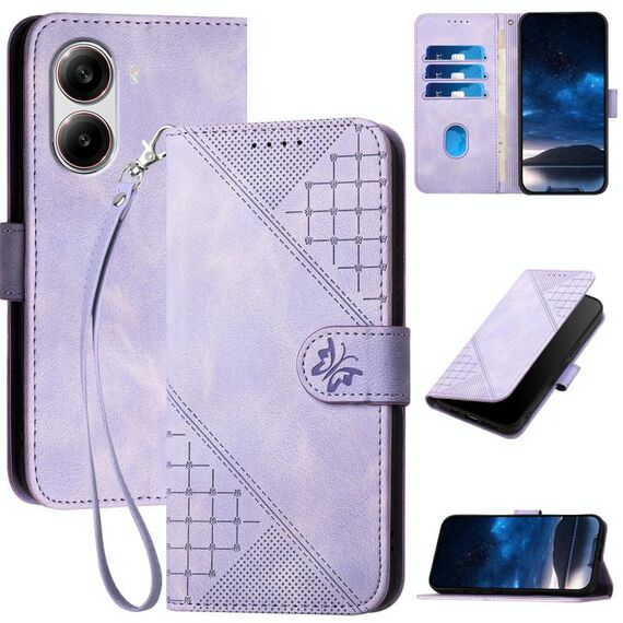 Custodia in pelle con motivo a farfalla in rilievo per Redmi Turbo 4 / Xiaomi Poco X7 Pro YX0080 con cordino (viola chiaro)