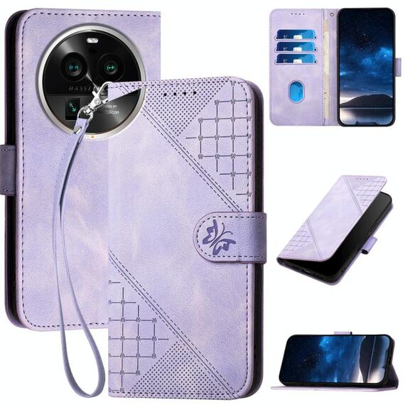 Per OPPO Find X6 Pro Custodia in pelle con motivo a farfalla in rilievo con cordino (viola chiaro)