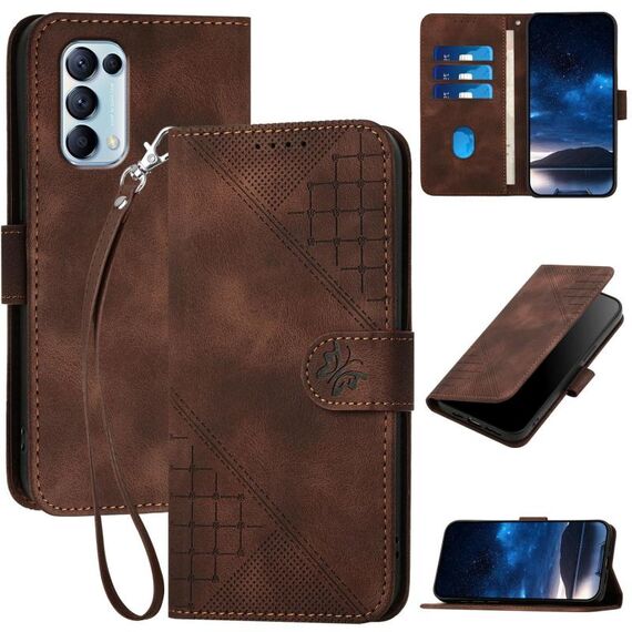 Per OPPO Reno5 4G / 5G / Find X3 Lite Custodia in pelle con motivo a farfalla in rilievo con cordino (caffè)