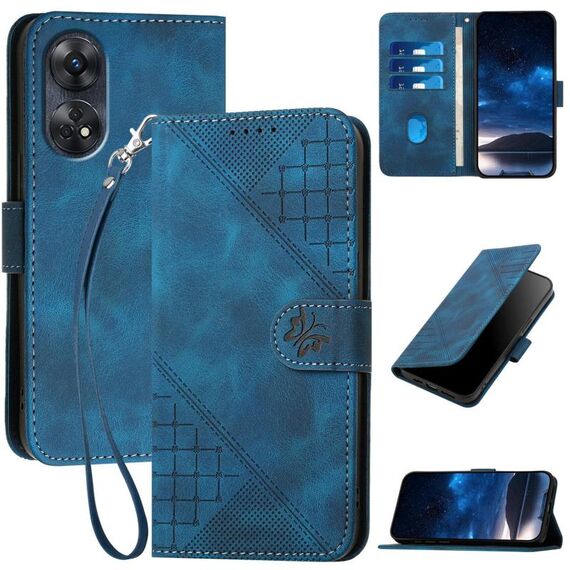 Per OPPO Reno8 T 4G Custodia in pelle con motivo a farfalla in rilievo con cordino (blu scuro)
