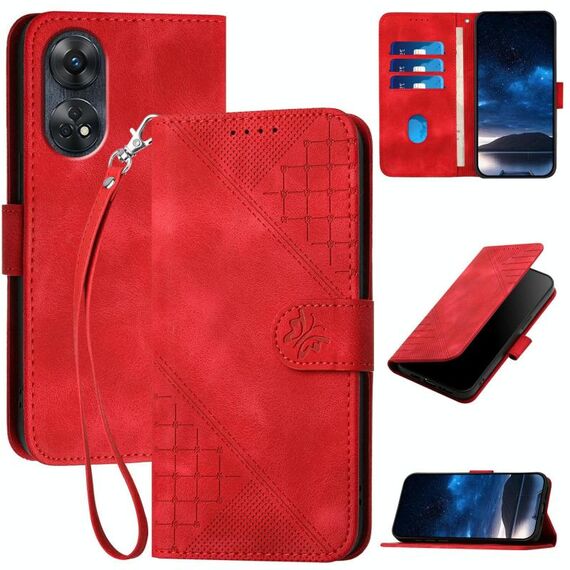 Per OPPO Reno8 T 4G Custodia in pelle con motivo a farfalla in rilievo con cordino (rosso)