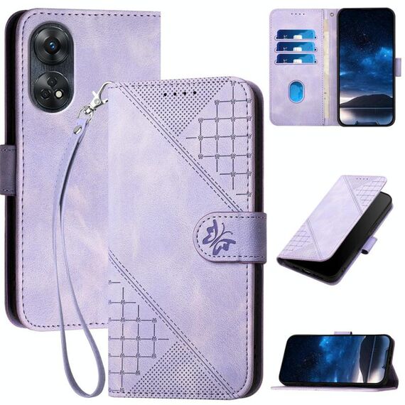 Per OPPO Reno8 T 4G Custodia in pelle con motivo a farfalla in rilievo con cordino (viola chiaro)
