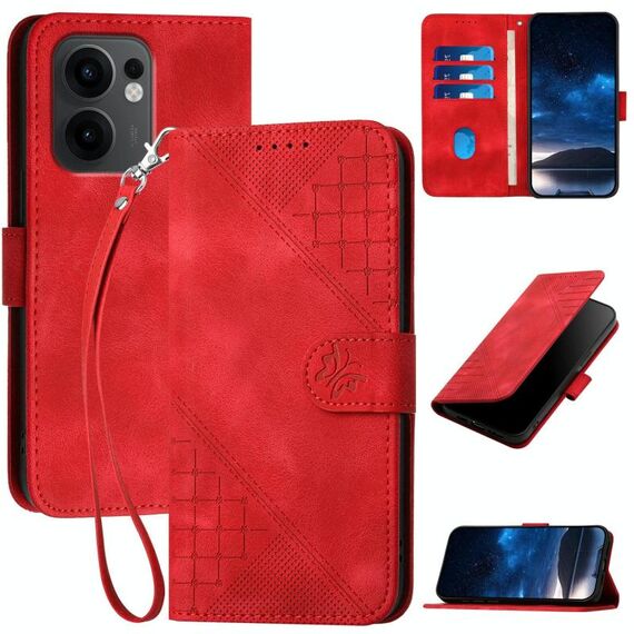 Per OPPO Reno13 F 4G / 5G Custodia in pelle con motivo a farfalla in rilievo con cordino (rosso)