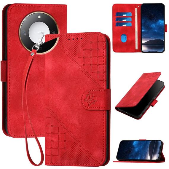 Per Honor X60 / X9c Smart Grid Butterfly Embossed Pattern Custodia in pelle per telefono con cordino (rosso)