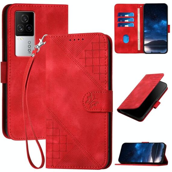 Per vivo iQOO 7 India / iQOO Neo5 Grid Butterfly Custodia in pelle con motivo in rilievo e cordino (rosso)
