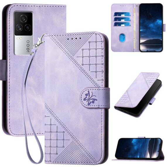 Per vivo iQOO 7 India / iQOO Neo5 Grid Butterfly Custodia in pelle con motivo in rilievo e cordino (viola chiaro)