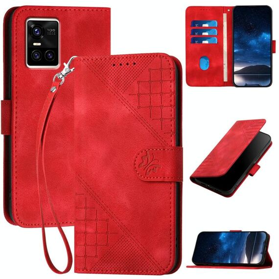 Per vivo S10 / S10 Pro Custodia in pelle con motivo a farfalla in rilievo con cordino (rosso)