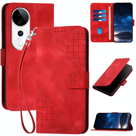 Per vivo S19 Pro Custodia in pelle con motivo a farfalla in rilievo con cordino (rosso)