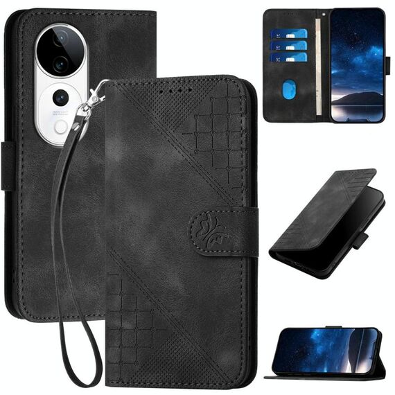 Per vivo S19 Pro Custodia in pelle con motivo a farfalla in rilievo con cordino (nero)