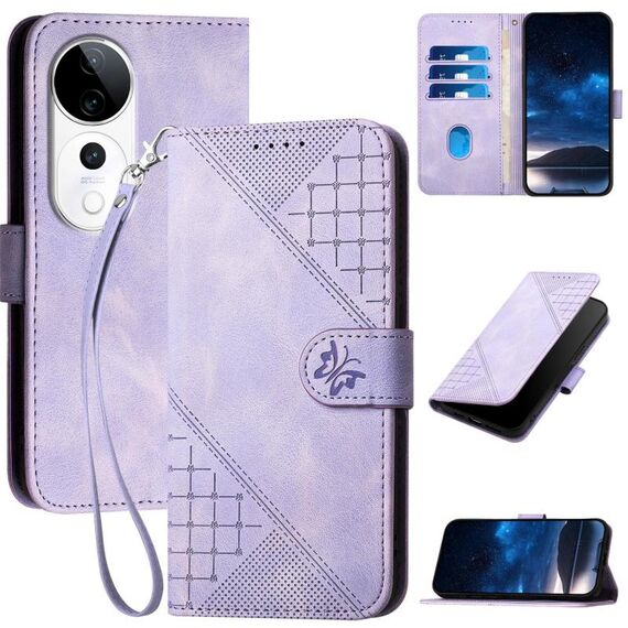 Per vivo S19 Pro Custodia in pelle con motivo a farfalla in rilievo con cordino (viola chiaro)