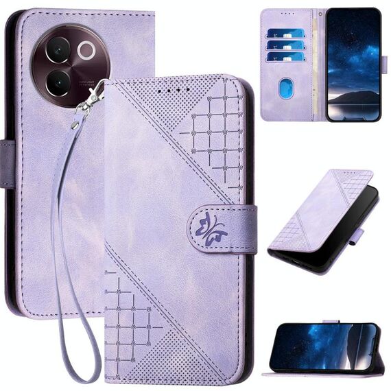 Per vivo V30e Custodia in pelle con motivo a farfalla in rilievo con cordino (viola chiaro)