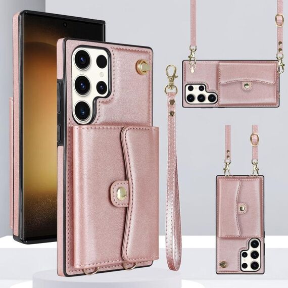Per Samsung Galaxy S24 Ultra 5G Custodia per telefono con slot per schede RFID e cordino lungo (oro rosa)