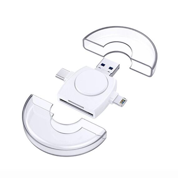 Lettore di schede multifunzione rotondo 6 in 1 da USB-A a USB-C / Tipo-C + Micro USB + 8 pin (bianco)