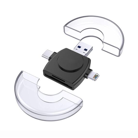 Lettore di schede multifunzione rotondo 6 in 1 da USB-A a USB-C / Tipo-C + Micro USB + 8 pin (nero)