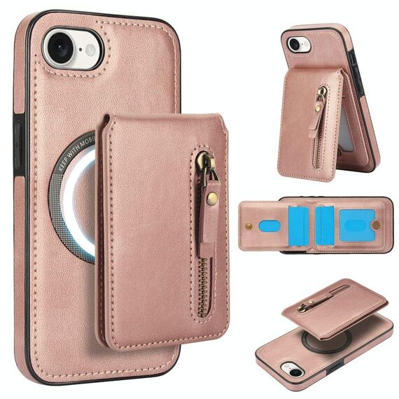 Per iPhone 7/8/SE 2022, custodia per telefono con cerniera e parte posteriore in pelle MagSafe (oro rosa)