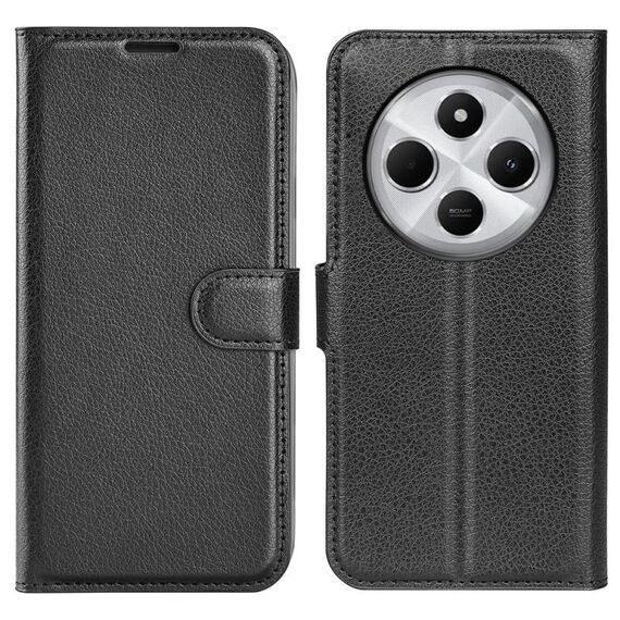 Custodia per telefono in pelle con supporto e flip orizzontale con texture Litchi per Xiaomi Redmi 14C 4G (nera)
