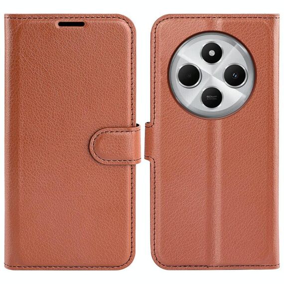 Custodia a libro orizzontale in pelle con supporto per Xiaomi Redmi 14C 4G, motivo Litchi Texture, con chiusura a scatto (marrone)