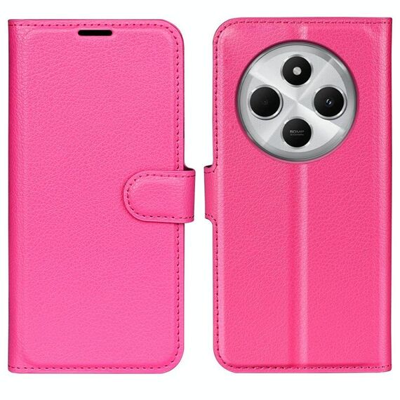 Custodia a libro orizzontale in pelle con supporto per Xiaomi Redmi 14C 4G, motivo Litchi Texture, con chiusura a scatto (rosso rosa)