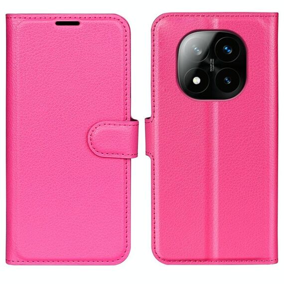 Custodia a libro orizzontale in pelle con supporto per Xiaomi Redmi Note 14 Pro+, motivo Litchi Texture, con chiusura a scatto (rosso rosa)