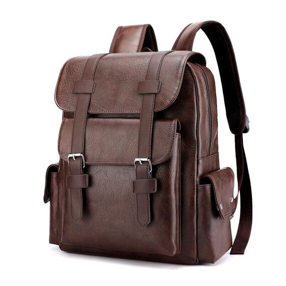 Zaino da viaggio per laptop di grande capacità in pelle PU OUMANTU 975, borsa da scuola casual (marrone scuro)