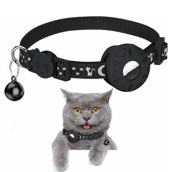 Per AirTag Tracker Custodia in silicone riflettente stelle e luna gatti cani collare per animali domestici con campanello (nero)