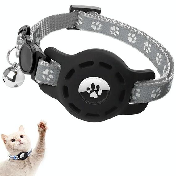 Per AirTag Tracker Custodia in silicone per localizzatore di collare per animali domestici Custodia protettiva Collare per gatti riflettente con campanello (grigio)