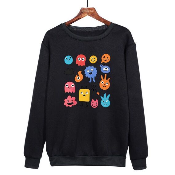 Felpa girocollo casual larga stampata con simpatici mostri, stampa su richiesta, taglia: XL (nero)