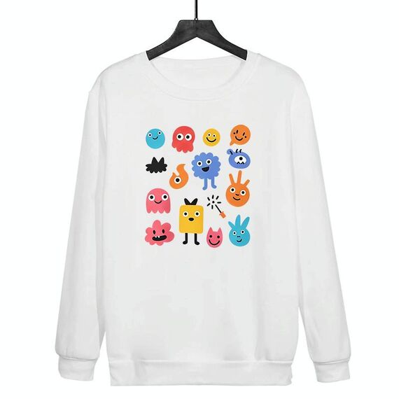 Felpa girocollo casual larga stampata con simpatici mostri, stampa su richiesta, taglia: XXL (bianco)