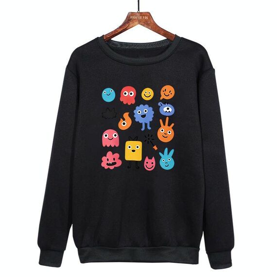 Felpa girocollo casual larga stampata con simpatici mostri, stampa su richiesta, taglia: XXXL (nero)