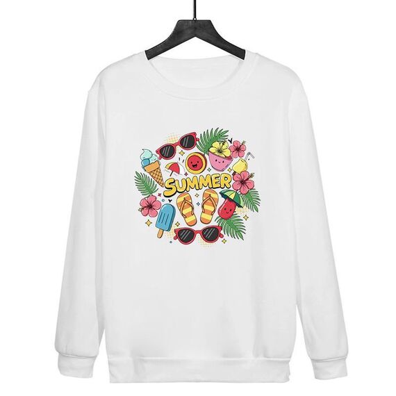 Felpa con scollo rotondo casual estiva stampata su richiesta, taglia: XS (bianco)