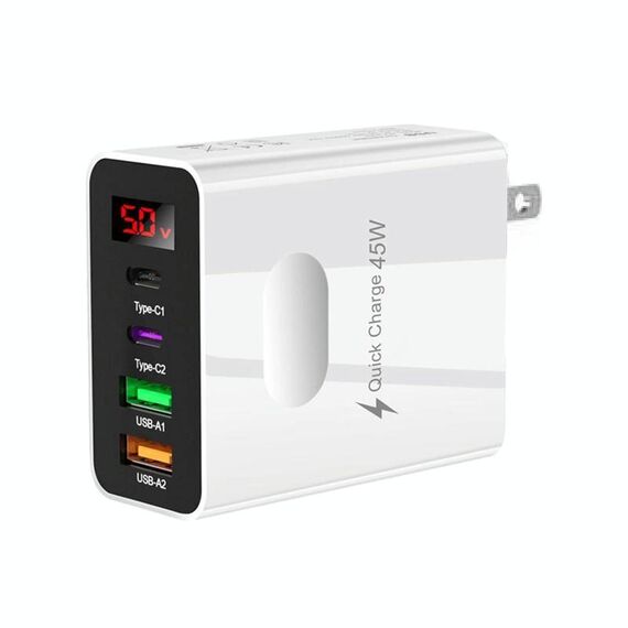 Caricabatterie multiporta per telefono cellulare con display digitale 2 USB+2 Type-C, colore: spina USA bianco