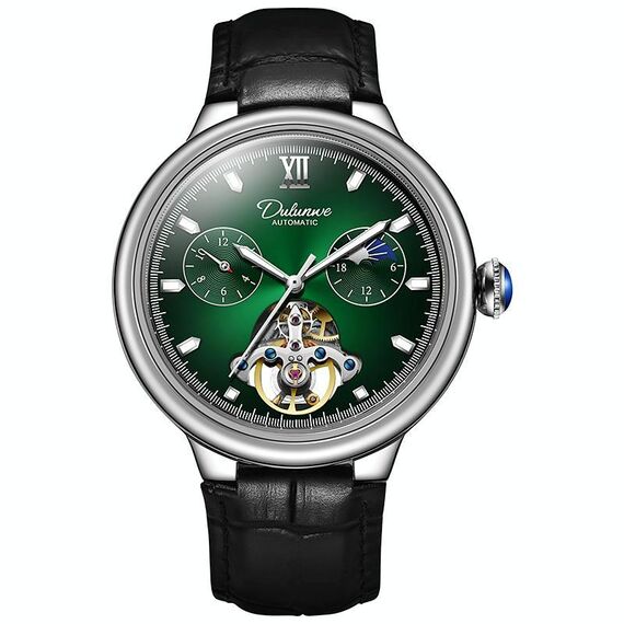 Dulunwe 6049B 30m impermeabile luminoso volano orologio meccanico completamente automatico (cinturino in pelle verde)