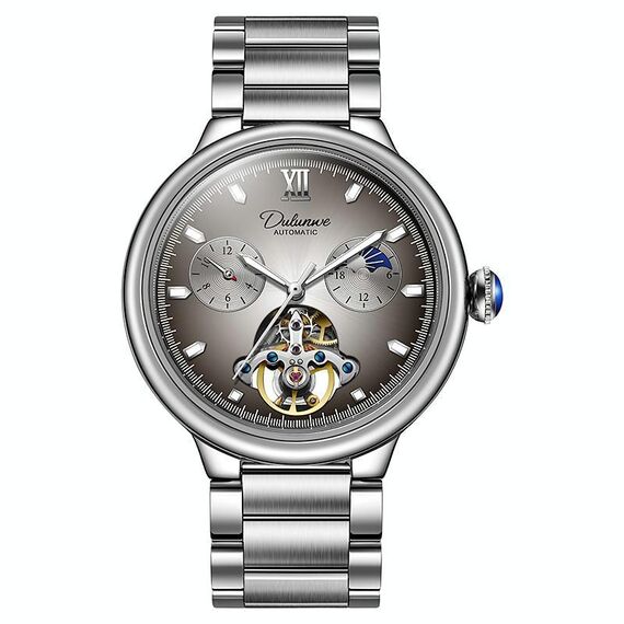 Orologio meccanico completamente automatico Dulunwe 6049B 30m impermeabile con volano luminoso (cinturino in acciaio marrone)