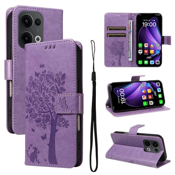Per OPPO Reno13 5G Custodia per telefono in pelle con motivo a rilievo albero e gatto globale (viola chiaro)