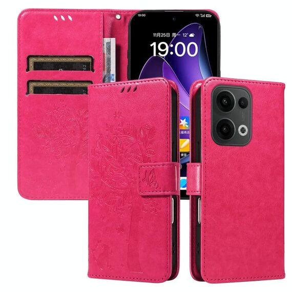 Per OPPO Reno13 5G Custodia per telefono in pelle con motivo a rilievo albero e gatto globale (rosso rosa)