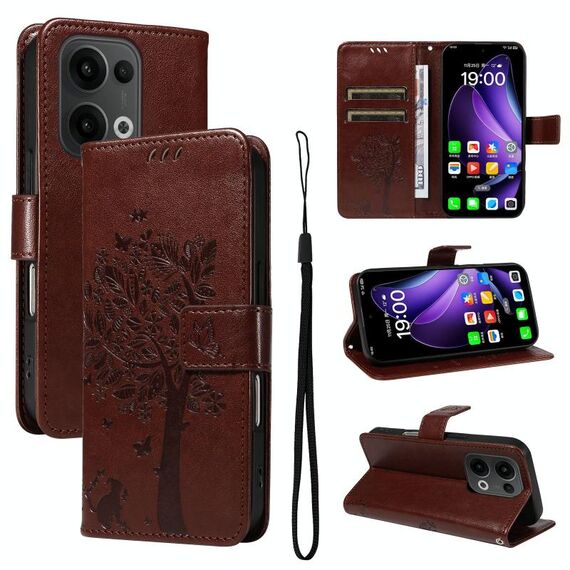 Per OPPO Reno13 5G Custodia per telefono in pelle con motivo a rilievo albero e gatto globale (caffè)