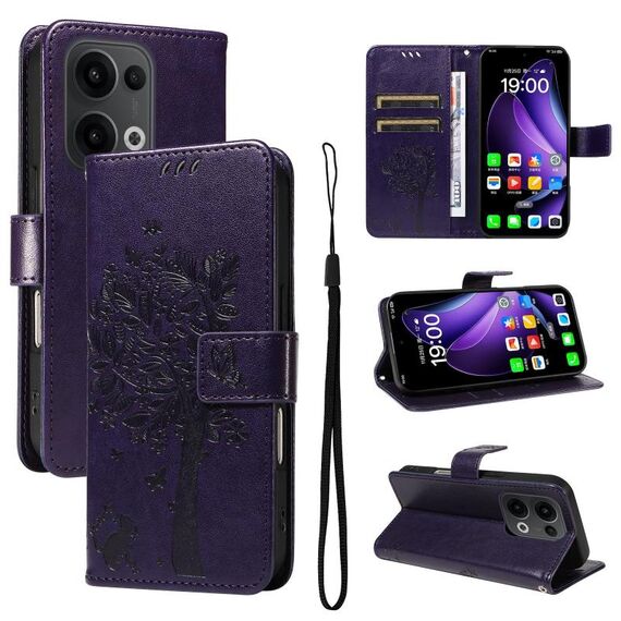 Per OPPO Reno13 5G Custodia per telefono in pelle con motivo a rilievo albero e gatto globale (viola)