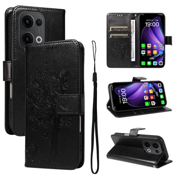 Per OPPO Reno13 5G Custodia per telefono in pelle con motivo a rilievo albero e gatto globale (nero)