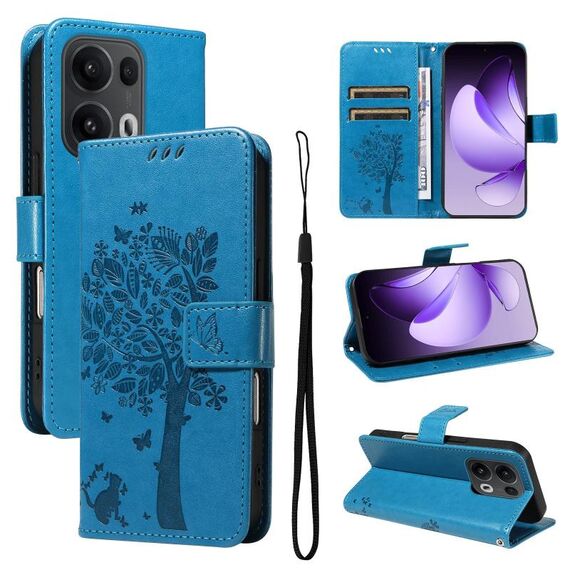 Per OPPO Reno13 Pro 5G Custodia per telefono in pelle con motivo a rilievo albero e gatto globale (blu)